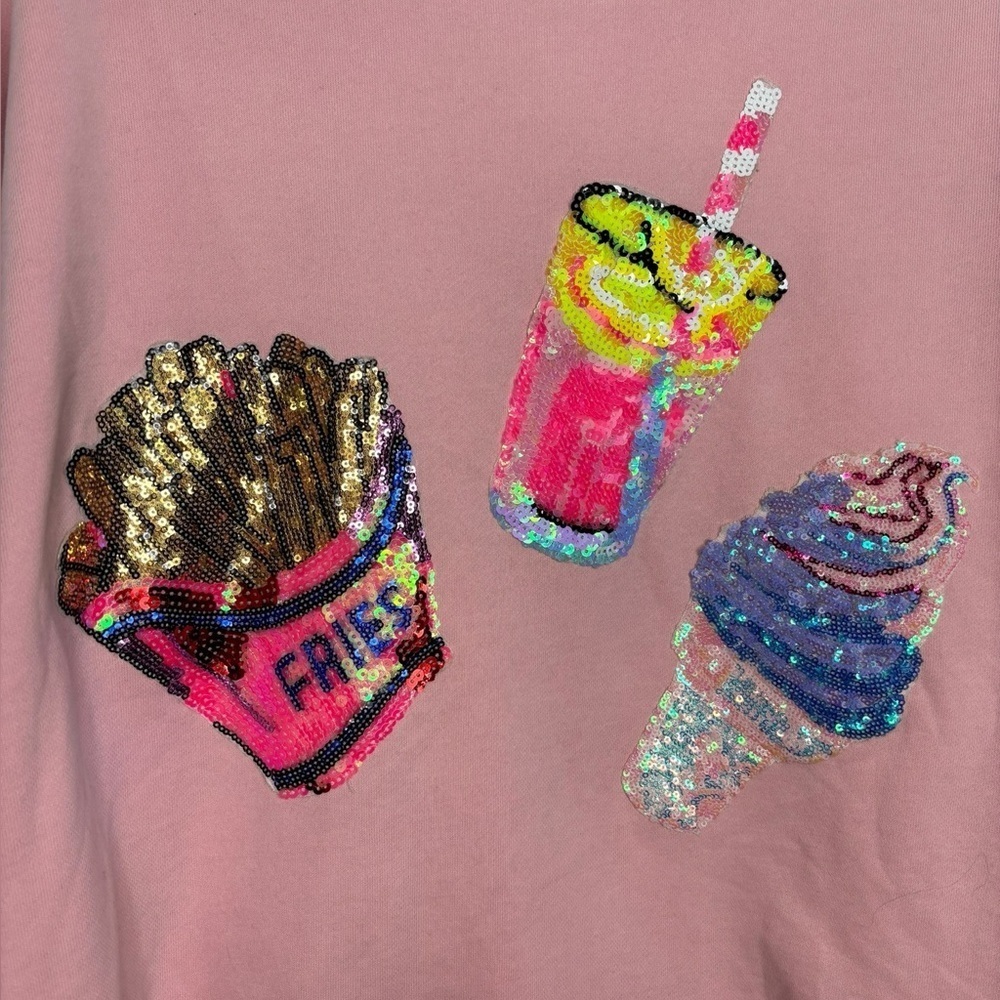 Oddy Boxy Pullover Sweatshirt Sequined French Fries Drink Ice Cream Appliques LG - Picture 3 of 11